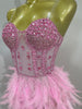 Stock Women Sexy Sparkly Rhinestone Mesh Feather Long Dress Elegant Evening Party Celebrate Birthday Performance Costume