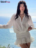Tierred Dress Woman Autumn See-Through Solid Turn-Down Collar Shirt Ruffles Chic Long-Sleeve Chiffon Bodycon