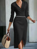 Spring and Autumn Women's Clothing, Solid Color V-Neck Slit Dress, Elegant and Slim-Fitting French-Style Dress for Work