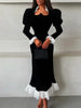 Full Sleeve Lace Patchwork Velvet Maxi Dress Women Elegant Stand Collar Puffed Slim Long Sexy Gowns Lady Evening Dinner Dresses