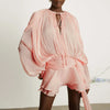 French Style Bubble Sleeve Mini Dress Woman Ruffle Solid Bright Satin Party Dress Spring Tie-up O Neck Pleated Dress