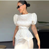 Elegant Women's Printed Waistband Long Dress 3D Flower V-neck Bubble Sleeve Patchwork A-line Dresses Spring Party Robe