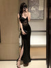 Women Black Lace Slip Dress Sexy Elegant Lady Style Evening Party Dress Slit Long Gown Mature Date Night Ladies Dresses