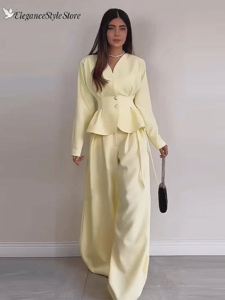 Solid Yellow Pant 2 Piece Set Women's Full Sleeves Buttons Waist-cinching Coats Wide-leg Trousers Ladies Autumn Outfit