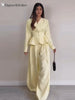Solid Yellow Pant 2 Piece Set Women's Full Sleeves Buttons Waist-cinching Coats Wide-leg Trousers Ladies Autumn Outfit
