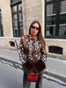 Women Leopard Print Stand Collar Waist Cinched Faux Fur Short Coat Fluffy Cuff Outerwear Winter Ladies Warm Furry Jacket