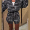 Chic Plaid Shorts Set Women Lapel Long-sleeved Zipper Jacket Short Pants Sets Lady Spring Daily Street Outfits