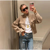 Women Camel Ribbed Knit Cardigan Zip Up High Collar Long Sleeve Cropped Sweater Flap Pockets Jacket Casual Autumn Outfits