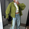 Solid Tie Waist Cinching Suede Jackets Women Chic Stand Up Collar Loose Crop Short Coats Lady Autumn Commute Daily Outfit