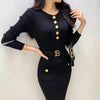 Women Dress Korean O-neck Slim Waist Knitted Pencil Dress with Belt Office Lady Bodycon Vestidos Winter
