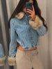 Furry Trim Cropped Denim Jacket Single Breasted Long‑Sleeve Winter Women Warm Outerwear Versatile Lady Casual Jean Coat