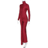 Turtleneck Long Sleeve Bodycon Dress Women Tight Elastic Lace-up Maxi Dresses Winter Evening Party Curvy Robe Red Brown