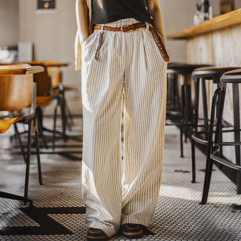Women's Striped Straight Wide Leg Trousers Old Money White Cotton Linen Texture Thin Breathable Loose Casual Daily Bottoms