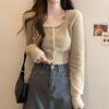 Fuzzy Square Neck Cardigan Sweater Women Long Sleeve Button-Up Fitted Knit Crop Top Soft Plush Jacket Spring Fall Y2K