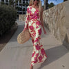 Rose Printed Satin Dress Womens Elegant High Waist Boho Maxi Dress Sexy One Shoulder Long Sleeve Women Party Dresses