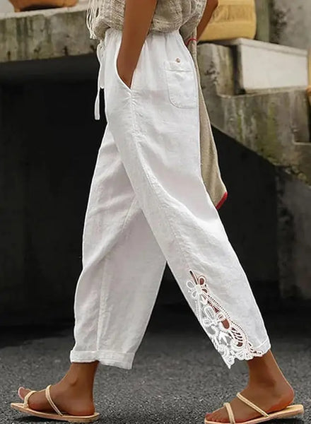 Women's Pants Elastic Waist Solid Color Lace Spliced Drawstring Pocket Simple Basic Casual 9-point Pants