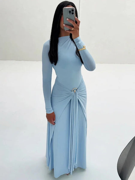 Elegant Long Sleeve Ruched Sexy Maxi Dress Women Gown Autumn Draped Bodycon Long Dresses Female Clothing