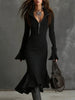 European American Trumpet Dresses Women Solid Autumn Winter Zipper Lapel Flared Sleeve Knitted Fishtail Dress Slim Fit Vestidos