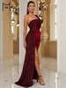 Wine Sequin Evening Dress Elegant Women One Shoulder Draped Split Wedding Party Prom Dresses Bridesmaid Wine Long Gown