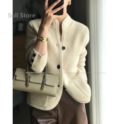 Autumn Winter Thickened Cardigan Women Stand Neck Sweater Sweater Loose Knit Base Sweater Jacket