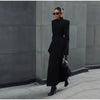 Black Tailored Long Coat Women Elegant Asymmetric Button Front Pockets Full Sleeve Criss-cross Neck Jacket Casual Outerwear