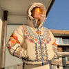 Printed Hooded Puffer Coat Suspender Ski Pants Zip‑Up Slim Fit Winter Women Snow Outfit Warm Lady Two‑Piece Ski Set