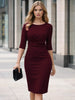 Womens Elegant Round Neck 2/3 Sleeve Work Office Knee Length Solid Business Casual Party Ruched Pencil Bodycon Sheath Dress