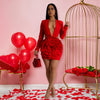 Women Rose Floral Applique Long Sleeve Bodycon Mini Midi Dress Winter V-neck Club Sexy Party Evening Dresses Vestidos
