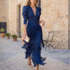 French Elegant Deep V Neck Slim Prom Dresses Spring Solid Spliced Tassel Long Dress Woman Long Sleeve Autumn Maxi Dress