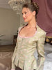 Jacquard Satin Women Jacket Square Neck Ruffle Trim Button Front Flare Long Sleeve Slim Top Chic Autumn Daily Wear