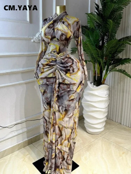 Women Draped O-neck Ruched Full Sleeve Long Maxi Dress Birthday Evening Club Party Vestidos Sexy Dresses