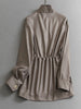 Solid-color Stand Neck Pocket Loose Mid-length Drawstring Waist Casual Trench Coats Women Long Sleeves Coats