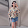 Women Cropped Floral Print Jacket Stand Collar Long Sleeve Button Front Pockets Vintage Loose Short Coat Autumn Chic Blazer