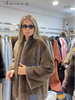Women Brown Faux Fur Open Front Cardigan Coat Long Sleeve Collarless Loose Plush Outerwear Lady Elegant Winter Warm Furry Jacket