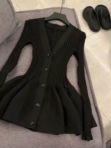 Vintage Elegant Black V-neck Knitted Dresses Autumn Winter Slim Waist Vestidos Mujer Feminino Bottoming Dress for Women Mini