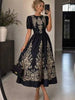 Women Vintage Gold Floral Print Maxi Dress Short Puff Sleeve Belted Elegant Party Long Dress