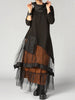 Women's Dress Cowl Neck Patchwork Mesh Tiered Long Sleeve Maxi Dress Vintage Casual A-Line Aysmmetric Hem Dress-ONLY Black Part