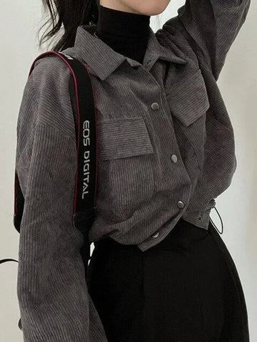 Women Vintage Corduroy Cropped Jacket Korean Long Sleeve Drawstring Blouses Female Loose Single Breasted Coats Cardigan