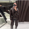 Y2K Punk Embossed Leather Coat Pants Set Women's Chic Lapel Cropped Jacket Matching High Waist Pant Streetwear Lady Outfit
