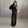 Brown V-Neck Knit Shirt Pants Set Women Solid Long Sleeve Top Empire Straight Loose Trousers Lady Spring Suit