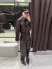 Leather Women's Pants Sets Chic Laple Single Breasted Long Sleeve Jackets Elastic Waist Straight Pants Suit Lady Outfits