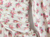 Women White Pink Flower Print Puff Long Sleeve Dress Open Buttons Wood Ears Ruffles Hem Mini Shirt Dresses Holiday Robe