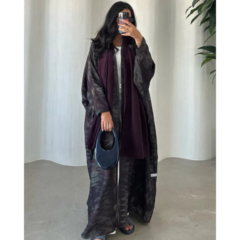 Middle Eastern Women Muslim Abayas Casual Islamic Kaftans Maxi Dresses Full Sleeve Arabian Jilbabs Open Front Abaya With Hajib