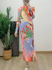 Pleated Print Dress For Women Stand Collar Long Sleeves Slim Style Female Elegant Clothing Spring 2DA4141