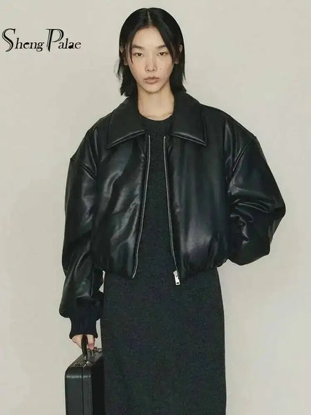 Women's Autumn Winter Clothes Solid Color Leather Thicken Warm Female Short Cotton Jacket 5C1437