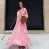 Casual Solid Ruffles Patchwork Robe Women Minimalist Full Sleeve Mesh Loose Fit Lace Up Maxi Dress Vacation Daily Date Wear