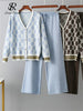 Autumn Two Piece Suits Women V Neck Basics Print Top+Elastic Long Pants Harajuku Casual Knit Sweater Warm Sets