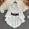 Spring Office Lady Shirt Dress Women Long Lantern Sleeve Sashes Waist Robe Femme Single Breasted Short Dresses