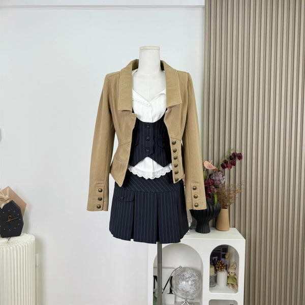 Women's Autumn Vintage Slim Fit Chic Metal Buttons High Waist Cropped Casual Coat Office Lady Suit Jacket Tops J407