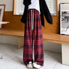 Women's High Waist Plaid Trousers Autumn Winter Korean Retro Straight Pants Loose Fit Drawstring Wide Leg Trouser Mujer